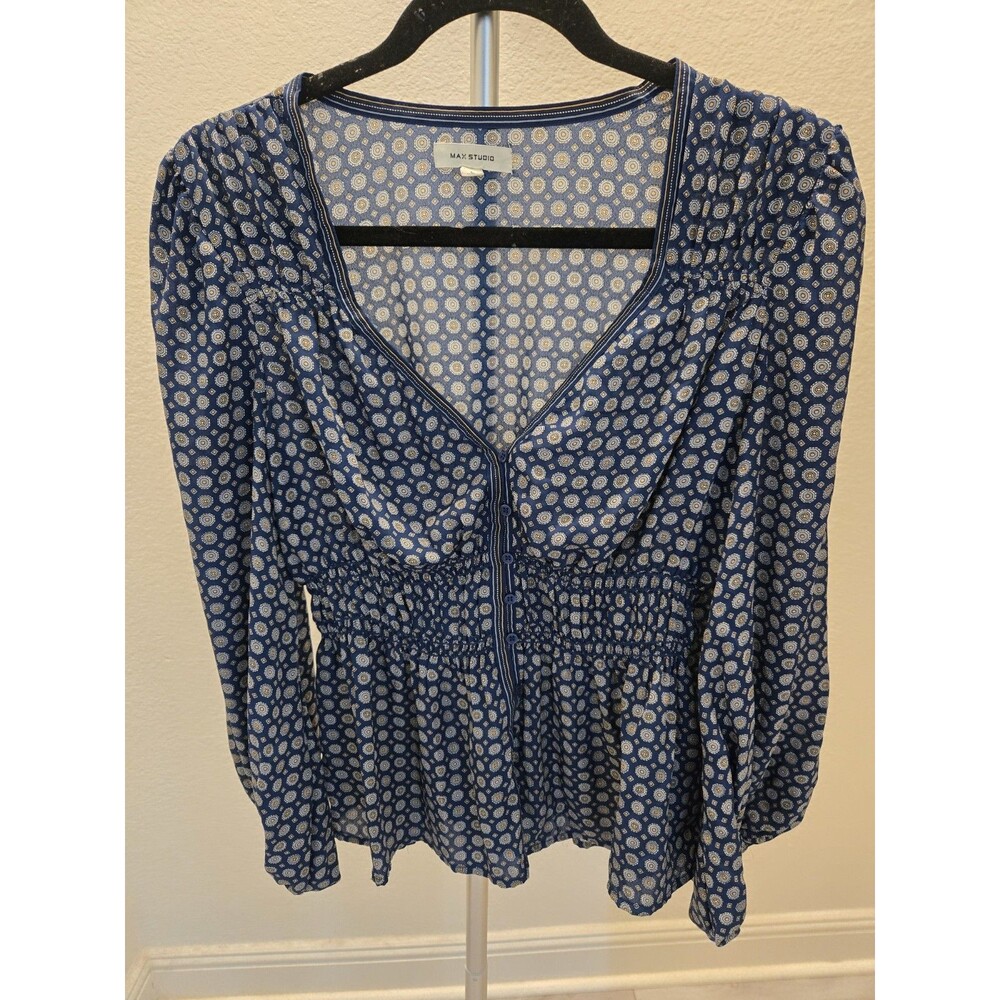 Max Studio Size L Blue Geo Print Smocked Waist V-Neck Long Sleeve Blouse Top